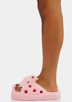 Skinnydip Pink Heart Embroidered Cross Over Slippers Flats