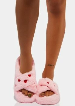 Skinnydip Pink Heart Embroidered Cross Over Slippers Flats