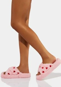 Skinnydip Pink Heart Embroidered Cross Over Slippers Flats